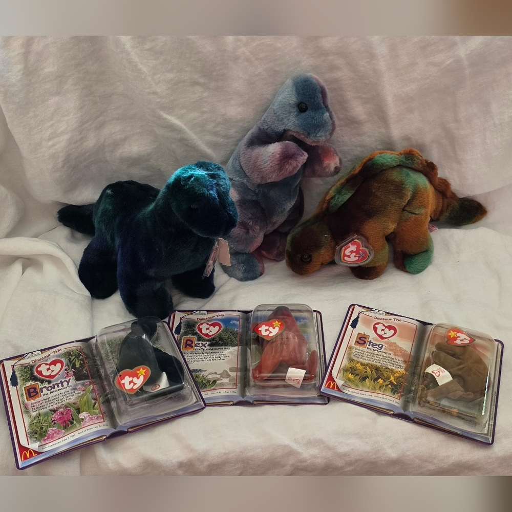 NWT-Beanie Buddies Dinosaur Trio With Matching McDonalds Teenies Steg Bronty Rex